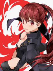 Rule 34 | 1girl, black jacket, black leotard, black ribbon, black thighhighs, breasts, cleavage, downblouse, female focus, from above, from side, hair ribbon, highres, jacket, leotard, long hair, long sleeves, looking at viewer, looking to the side, looking up, matching hair/eyes, medium breasts, nemu (nebusokugimi), open clothes, open jacket, parted lips, persona, persona 5, persona 5 the royal, ponytail, red background, red eyes, red hair, ribbon, smile, solo, strapless, strapless leotard, thighhighs, two-tone background, yoshizawa kasumi