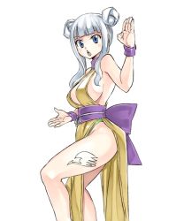 Rule 34 | 1girl, bare hips, blue eyes, breasts, double bun, fairy tail, groin, large breasts, looking at viewer, mashima hiro, md5 mismatch, mirajane strauss, no bra, no panties, official art, open mouth, pelvic curtain, sash, short hair with long locks, sideboob, sidelocks, silver hair, simple background, solo, stance, tattoo, white background, wrist cuffs