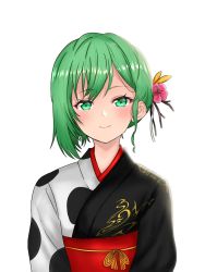 Rule 34 | 1girl, alternate costume, animal print, asymmetrical hair, atodashi, chinese zodiac, closed mouth, collarbone, cow print, flower, green eyes, green hair, hair flower, hair ornament, highres, long sleeves, looking at viewer, multicolored clothes, new year, red flower, red sash, sash, shiki eiki, short hair, simple background, smile, solo, touhou, upper body, white background, year of the ox