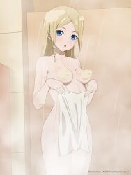 Rule 34 | 1girl, :o, absurdres, anime coloring, blonde hair, blue eyes, blush, braid, breasts, collarbone, completely nude, convenient censoring, coro fae, cowboy shot, dot nose, fanbox username, hayasaka ai, haysaca a. smithee, highres, holding, holding towel, indoors, kaguya-sama wa kokurasetai ~tensai-tachi no renai zunousen~, long hair, looking at viewer, medium breasts, nude, official style, paid reward available, parted lips, shower (place), showering, side braid, single braid, soap bubbles, soap censor, solo, standing, steam, towel, twitter username, water, watermark, web address, wet, white towel