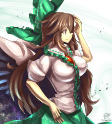 Rule 34 | 1girl, breasts, brown hair, cape, colored eyelashes, curvy, feathered wings, frills, from side, green ribbon, green skirt, hair ribbon, hand on forehead, hand on own hip, huge breasts, impossible clothes, large breasts, long hair, looking away, profile, reiuji utsuho, ribbon, skirt, skirt set, solo focus, third eye, touhou, umigarasu (kitsune1963), very long hair, wavy hair, wings