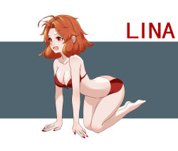Rule 34 | 1girl, bare shoulders, barefoot, bikini, blush, breasts, character name, cleavage, collarbone, dota (series), dota 2, full body, hands on floor, kneeling, legs, lina inverse (dota 2), looking away, medium breasts, medium hair, nail polish, open mouth, orange hair, red bikini, red eyes, red nails, simple background, smile, solo, strapless, strapless bikini, swimsuit, xiao cai miao
