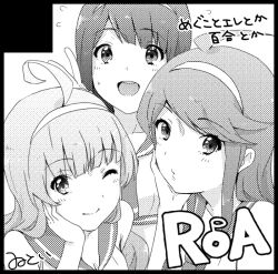 Rule 34 | 3girls, ad, ahoge, blush stickers, circle cut, closed mouth, collared shirt, commentary request, eyelashes, flying sweatdrops, greyscale, hairband, hand on own cheek, hand on own face, hand up, idolmaster, idolmaster million live!, long hair, looking at viewer, monochrome, multiple girls, neckerchief, open mouth, parted lips, sailor collar, sailor shirt, school uniform, shimabara elena, shirt, sidelocks, signature, smile, straight hair, tanaka kotoha, teeth, tokoro megumi, upper body, upper teeth only, v, wavy hair, white background, witoi (roa)