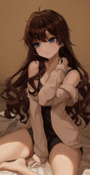 Rule 34 | 1girl, absurdres, bare legs, bare shoulders, barefoot, between legs, black tank top, blue eyes, blush, brown hair, closed mouth, curly hair, dot nose, foot out of frame, hand between legs, hand on own neck, hand up, highres, ichinose shiki, idolmaster, idolmaster cinderella girls, jewelry, kudou (sikisiki0000), long hair, long sleeves, looking to the side, messy hair, mole, mole on thigh, necklace, off shoulder, open clothes, open shirt, paid reward available, phone, shirt, sidelocks, sitting, sleeves past wrists, solo, swept bangs, tank top, thighs, white shirt