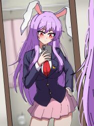 1girl breasts brooch ehehe52921343 hand_on_own_hip jacket jewelry large_breasts long_hair miniskirt mirror phone purple_hair rabbit_ears rabbit_girl red_eyes reisen_udongein_inaba selfie skirt suit_jacket touhou