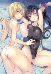 Rule 34 | 2girls, armpits, ass, asymmetrical docking, black hair, black one-piece swimsuit, blonde hair, blue eyes, blush, breast press, breasts, butt crack, cameltoe, chain, cleft of venus, competition swimsuit, covered erect nipples, covered navel, cuffs, kuwahara hazuki, large breasts, long hair, looking at viewer, lying, multiple girls, on side, one-piece swimsuit, open mouth, original, red eyes, sanshoku amido, see-through silhouette, shackles, short hair, swimsuit, tile floor, tiles, tongue, tongue out, twintails, white one-piece swimsuit