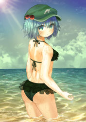 Rule 34 | 1girl, absurdres, ass, bare shoulders, bikini, blue eyes, blue hair, blue sky, breasts, closed mouth, cloud, commentary request, ekaapetto, green bikini, green hat, hair between eyes, hat, highres, kawashiro nitori, looking at viewer, ocean, short hair, short twintails, sky, small breasts, solo, standing, sun, swimsuit, touhou, twintails, water