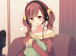 Rule 34 | 1girl, asakai mocchinu, blush, bra strap, breasts, brown hair, cable, collarbone, couch, female focus, fur-trimmed sweater, fur trim, hair ornament, hair scrunchie, hand up, happy, headphones, holding cushion, indoors, livestream, looking at viewer, medium breasts, medium hair, microphone, off-shoulder sweater, off shoulder, on couch, open mouth, original, red eyes, red sweater, ribbed sweater, scrunchie, single bare shoulder, sitting, sleeves past wrists, smile, solo, sweat, sweater, textless version, trembling, twintails, upper body, yellow scrunchie