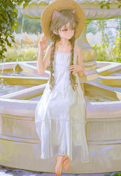 Rule 34 | 1girl, animal ear fluff, animal ears, barefoot, braid, cat ears, cat girl, dress, extra ears, feiqizi (fkey), fkey, fountain, grey hair, hair between eyes, hat, highres, long hair, looking to the side, original, outdoors, plant, red eyes, scenery, sitting, solo, sun hat, sundress, sunlight, twin braids, water, white dress