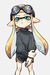 Rule 34 | 1girl, aqua eyes, black shorts, black sweater, blush, daidaiika, dolphin shorts, female focus, goggles, goggles on head, grabbing own arm, grey background, inkling, inkling girl, inkling player character, looking at viewer, nintendo, orange hair, pointy ears, shorts, simple background, solo, splatoon (series), standing, sweater, tentacle hair