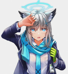 Rule 34 | 1girl, absurdres, animal ear fluff, animal ears, blue archive, blue eyes, blue jacket, blush, breakdiamond, breast pocket, breasts, collared shirt, commentary, cross hair ornament, gloves, green gloves, grey background, grey hair, hair ornament, halo, highres, id card, jacket, long sleeves, looking at viewer, medium hair, mismatched pupils, open mouth, pocket, scarf, shading eyes, shiroko (blue archive), shirt, single glove, solo, sweat, upper body, white shirt