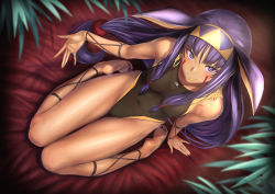 Rule 34 | 1girl, animal ears, arm at side, arm support, bare shoulders, barefoot, big hair, blunt bangs, breasts, breasts apart, closed mouth, collarbone, competition swimsuit, covered navel, dark-skinned female, dark skin, earrings, egyptian, eyelashes, facepaint, facial mark, fake animal ears, fate/grand order, fate (series), fingernails, from above, full body, hair between eyes, hair ornament, hair rings, hair tubes, hairband, hand up, highleg, highleg swimsuit, highres, hoop earrings, jewelry, lace-up, leaf, long fingernails, long hair, looking at viewer, looking up, low-tied long hair, medium breasts, nail polish, nitocris (fate), one-piece swimsuit, plant, purple eyes, purple hair, rabbit ears, reclining, red nails, sidelocks, sitting, skin tight, smile, soles, solo, swimsuit, thigh gap, toes, toned, ulrich (tagaragakuin), very long hair, wariza