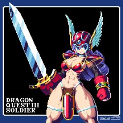 Rule 34 | 1girl, armor, bikini armor, black background, blue eyes, breasts, cleavage, closed mouth, copyright name, dragon quest, dragon quest iii, gloves, helmet, holding, holding sword, holding weapon, large breasts, long hair, looking to the side, mabius, muscular, muscular female, navel, pixel art, purple hair, red armor, red gloves, red headwear, simple background, soldier (dq3), solo, sword, thick thighs, thighs, weapon, winged helmet