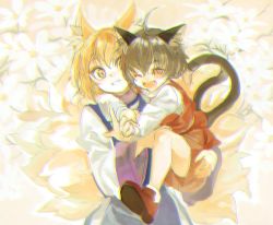 Rule 34 | 2girls, ;d, ahoge, animal ear fluff, animal ears, blonde hair, brown eyes, brown hair, carrying, cat ears, cat tail, chen, chromatic aberration, commentary request, daisy, dress, floral background, flower, fox ears, fox tail, happy, index finger raised, konabetate, multiple girls, multiple tails, nekomata, one eye closed, open mouth, red shorts, red vest, short hair, shorts, smile, tabard, tail, touhou, two tails, vest, white dress, white flower, yakumo ran, yellow eyes