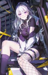 Rule 34 | 1girl, absurdres, asymmetrical legwear, black socks, crescent moon, crop top, fishnet thighhighs, fishnets, fur-trimmed jacket, fur trim, gold necklace, highres, ine (vtuber), jacket, jewelry, long hair, looking at viewer, moon, necklace, night, purple eyes, sitting, sitting on stairs, smile, socks, solo, stairs, teeth, thigh strap, thighhighs, thighs, virtual youtuber, waktaverse, white hair, white jacket, ye jji