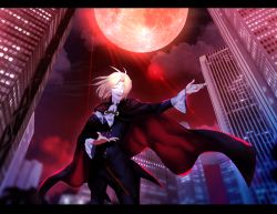 Rule 34 | 1boy, black border, border, building, cape, city, closed eyes, closed mouth, cloud, collared shirt, floating hair, formal, highres, letterboxed, male focus, medium hair, melty blood, moon, night, night sky, okada pikoguramu, open mouth, outstretched arm, red moon, shirt, sky, tsukihime, wallachia, wind, wind lift