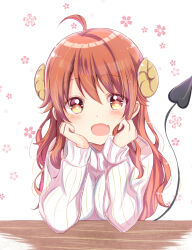 Rule 34 | 1girl, ahoge, blush, brown eyes, brown hair, cherry blossom print, commentary, demon girl, demon horns, demon tail, elbows on table, eyelashes, fang, floral print, hair between eyes, hands on own cheeks, hands on own face, happy, highres, horns, long hair, looking at viewer, machikado mazoku, nanami ayane (kusunoki5050), open mouth, pov, ribbed sweater, sidelocks, simple background, skin fang, sleeves past wrists, smile, solo, straight-on, sweater, tail, tail raised, turtleneck, turtleneck sweater, very long hair, wavy hair, white background, white sweater, yoshida yuuko (machikado mazoku)