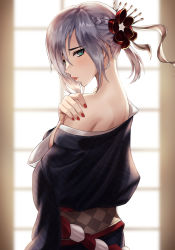 Rule 34 | 1girl, angdo (kakajo26), bare shoulders, blurry, braid, commentary, flower, from side, girls&#039; frontline, hair flower, hair ornament, hand on own shoulder, hand up, highres, japanese clothes, kimono, lips, looking at viewer, mg5 (dark blossom of the end) (girls&#039; frontline), mg5 (girls&#039; frontline), nail polish, obi, off shoulder, official alternate costume, parted lips, red flower, red nails, sash, short hair, silver hair, solo, upper body