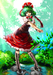 Rule 34 | 1girl, blurry, boots, bow, depth of field, dress, flower, frills, front ponytail, green eyes, green hair, hair bow, hair ribbon, highres, kagiyama hina, light rays, matching hair/eyes, open mouth, own hands clasped, own hands together, ribbon, rock, smile, solo, sunbeam, sunlight, touhou, umigarasu (kitsune1963), water, wrist ribbon