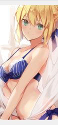 Rule 34 | 1girl, artoria pendragon (all), artoria pendragon (fate), bad id, bad pixiv id, blonde hair, blue bra, blue ribbon, blush, bow, bow bra, bra, breasts, fate (series), from side, fukuda935, green eyes, groin, hair between eyes, letterboxed, looking at viewer, medium breasts, navel, official alternate costume, panties, ribbon, saber (fate), side-tie panties, smile, solo, striped bra, striped clothes, underwear, underwear only