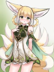 Rule 34 | 1girl, :o, absurdres, animal ear fluff, animal ears, arknights, bare shoulders, blonde hair, blush, braid, braided hair rings, breasts, commentary, cosplay, dress, english commentary, fox ears, fox girl, fox tail, genshin impact, gradient background, green background, green eyes, grey background, hair between eyes, hair rings, hand up, highres, kitsune, kyuubi, looking at viewer, multicolored hair, multiple tails, nahida (genshin impact), nahida (genshin impact) (cosplay), nose blush, parted lips, rylaera, sleeveless, sleeveless dress, small breasts, solo, standing, suzuran (arknights), tail, twin braids, two-tone hair, white dress, white hair