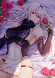Rule 34 | 1girl, absurdres, armpits, azur lane, bare shoulders, bed sheet, breasts, closed mouth, colorado (azur lane), commentary, detached sleeves, flower, hair between eyes, hairband, high collar, highres, holding, holding flower, long hair, looking at viewer, lying, medium breasts, on back, on bed, red eyes, red flower, red rose, rose, sideboob, smile, solo, suprii, white hair