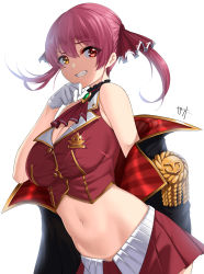 Rule 34 | 1girl, :d, absurdres, ascot, bare shoulders, black coat, breasts, cleavage, coat, cowboy shot, cropped vest, epaulettes, glint, grin, hair ribbon, heterochromia, highres, hololive, houshou marine, kisaragi tsurugi, long hair, looking at viewer, medium breasts, miniskirt, navel, no eyepatch, off shoulder, open clothes, open coat, open mouth, pleated skirt, purple hair, red ascot, red eyes, red ribbon, red skirt, red vest, ribbon, signature, simple background, skirt, smile, solo, stomach, teeth, twintails, vest, virtual youtuber, white background, yellow eyes