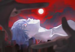Rule 34 | 1boy, blurry, building, chan9233, chinese commentary, city, cityscape, cloud, cloudy sky, commentary request, depth of field, the end of evangelion, finger frame, from side, full moon, giant, grey hair, highres, looking up, lying, male focus, melting, moon, nagisa kaworu, neon genesis evangelion, nude, on back, out of frame, parted lips, portrait, red eyes, red sky, short hair, sky, solo, solo focus, wide-eyed