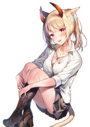 Rule 34 | 1girl, :p, animal ears, warrior of light (ff14), black skirt, blonde hair, blush, boots, breasts, brown footwear, cat tail, cleavage, collarbone, collared shirt, cross-laced footwear, crossed ankles, facial mark, final fantasy, final fantasy xiv, full body, heterochromia, horns, jewelry, knee boots, knees up, lace-up boots, looking at viewer, medium breasts, midorikawa you, miniskirt, miqo&#039;te, necklace, pink eyes, ponytail, red eyes, shirt, short hair, short ponytail, sitting, skirt, sleeves past elbows, smile, solo, tail, tongue, tongue out, whisker markings, white shirt