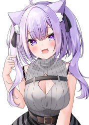 Rule 34 | 1girl, absurdres, ahoge, animal ear fluff, belt, black ribbon, blush, breasts, brown belt, cat girl, chest belt, cleavage, cleavage cutout, clothing cutout, double-parted bangs, hair ribbon, highres, hololive, large breasts, looking at viewer, nekomata okayu, nekomata okayu (8th costume), ohagetty, open mouth, purple eyes, purple hair, ribbon, skirt, solo, twintails, virtual youtuber, white background