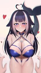 Rule 34 | 1girl, 1other, ahoge, animal ears, bikini, black hair, blue bikini, blue eyes, blunt bangs, blush, breasts, cat ears, cat girl, cetacean tail, cleavage, collar, drooling, fins, fish tail, hands between legs, heart, heart-shaped pupils, heart ahoge, highres, imminent breast grab, indie virtual youtuber, kotodekun, large breasts, long hair, looking at viewer, multicolored hair, naughty face, navel, orca girl, pov, shiny skin, shylily, simple background, sparkle, stomach, swimsuit, symbol-shaped pupils, tail, tattoo, thick thighs, thighs, wet, white hair