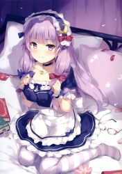Rule 34 | 1girl, absurdres, alternate costume, apron, bed, black choker, black dress, blue bow, book, bow, breasts, choker, crescent, crescent hair ornament, dress, enmaided, flower, glasses, hair ornament, highres, indoors, long hair, looking at viewer, maid, maid apron, maid headdress, medium breasts, miyase mahiro, no shoes, pantyhose, patchouli knowledge, petals, petticoat, pillow, pink flower, puffy short sleeves, puffy sleeves, purple eyes, purple hair, purple legwear, red bow, scan, shadow, short dress, short sleeves, sitting, smile, solo, striped clothes, striped legwear, striped pantyhose, touhou, unworn eyewear, waist apron, wariza, white apron, white legwear, wrist cuffs