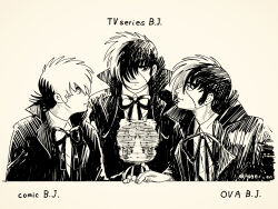 Rule 34 | 1girl, 3boys, absurdres, afterimage, black jack (character), black jack (series), bow, bowtie, child, collared shirt, copyright name, english text, fingernails, hair bow, hair over one eye, hand on another&#039;s hand, highres, jacket, kager en, looking around, looking at another, looking at viewer, looking to the side, monochrome, multicolored hair, multiple boys, multiple persona, one eye covered, patchwork skin, pinoko, profile, shirt, short hair, simple background, smile, stitched face, stitches, the weaker sex 1 (gibson), twitter username, two-tone hair