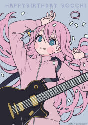 Rule 34 | 1girl, arm up, blue eyes, blush stickers, bocchi the rock!, commentary request, confetti, cube hair ornament, electric guitar, gibson les paul, gotoh hitori, grey background, guitar, hair between eyes, hair ornament, hand up, happy birthday, highres, instrument, jacket, long hair, long sleeves, looking at viewer, neki (wakiko), one side up, pants, pink hair, pink jacket, pink pants, puffy long sleeves, puffy sleeves, simple background, solo, sweat, track jacket, track pants, track suit, very long hair