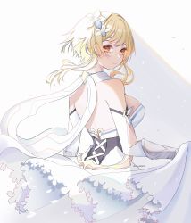 Rule 34 | 1girl, arm up, back, bare shoulders, blonde hair, blurry, blurry background, breasts, bride, dress, floating clothes, floating hair, genshin impact, highres, light, looking at viewer, looking back, lumine (genshin impact), medium breasts, short hair, smile, solo, unosaki2, white background, white dress, wind, yellow eyes