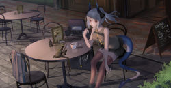 Rule 34 | 1girl, absurdres, alternate costume, arknights, black skirt, blush, breasts, brown thighhighs, bush, casual, chair, chalkboard, coffee, coffee cup, cup, disposable cup, dragon girl, dragon horns, dragon tail, grey footwear, grey hair, grey jacket, grey shirt, highres, horns, jacket, unworn jacket, large breasts, liskarm (arknights), long hair, looking at viewer, menu, on chair, open mouth, outdoors, pavement, ponytail, red eyes, shield, shirt, shoes, sitting, skirt, sleeveless, sleeveless shirt, sthk, table, tail, thighhighs