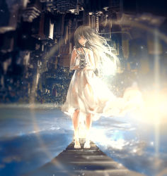 Rule 34 | 1girl, archlich, barefoot, blue eyes, brown hair, camera, city, dress, lens flare, original, solo, upside-down