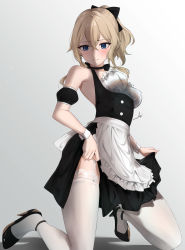 Rule 34 | 1girl, alternate costume, apron, black bow, black dress, blonde hair, blue eyes, blush, bow, breasts, dress, enmaided, feint721, garter straps, genshin impact, hair bow, high heels, highres, jean (genshin impact), kneeling, large breasts, long hair, looking at viewer, maid, maid apron, ponytail, pumps, simple background, solo, thighhighs, white background, white thighhighs