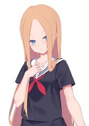 Rule 34 | 1girl, :o, abigail williams (fate), black shirt, black skirt, blonde hair, blue eyes, commentary request, fate/grand order, fate (series), highres, jilu, long hair, looking at viewer, red neckwear, sailor collar, school uniform, serafuku, shirt, short sleeves, simple background, skirt, solo, white background, white sailor collar