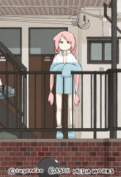 Rule 34 | 1girl, artist name, blue eyes, brick wall, expressionless, grass, jitome, long hair, original, pink hair, railing, sleeves past wrists, solo, stairs, tugeneko, twintails