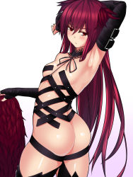 Rule 34 | 1girl, arm behind head, arm up, arm wrap, armpits, ass, back, bare shoulders, belt, black gloves, black ribbon, black thighhighs, blush, breasts, choker, closed mouth, cowboy shot, cybele (lord of vermilion), detached collar, eyebrows, fingerless gloves, flower, from behind, frown, gloves, gradient background, hair between eyes, hair flower, hair ornament, highres, holding, i oka lov, lace, long hair, looking at viewer, looking back, lord of vermilion, lord of vermilion iii, neck ribbon, purple hair, red eyes, red hair, revealing clothes, ribbon, shiny skin, simple background, skirt, unworn skirt, small breasts, solo, thighhighs, very long hair, white background
