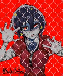 Rule 34 | 10s, 1girl, bad id, bad twitter id, bandages, black hair, bow, chain-link fence, fence, funkysatou, gloves, hair between eyes, hair ornament, highres, idol, looking at viewer, mizuno ai, red eyes, short hair, zombie, zombie land saga