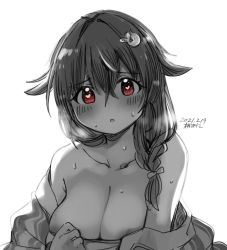 Rule 34 | 1girl, :o, areola slip, blush, braid, breasts, crossed bangs, dated, hair between eyes, hair flaps, hair ornament, hair over shoulder, heart, heart-shaped pupils, japanese clothes, jingei (kancolle), kantai collection, kirisawa juuzou, large breasts, long hair, off shoulder, open mouth, red eyes, signature, simple background, single braid, solo, sweat, symbol-shaped pupils, upper body