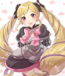 Rule 34 | 1girl, arms behind back, black bow, blonde hair, bow, dress, earrings, elise (fire emblem), fire emblem, fire emblem fates, hair bow, haru (nakajou-28), jewelry, long hair, multicolored hair, nintendo, open mouth, petals, pink bow, purple eyes, purple hair, simple background, solo, twintails, white background