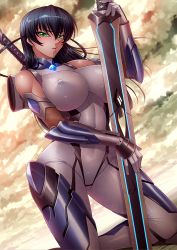 Rule 34 | 00s, 1girl, armor, bare shoulders, black hair, bodysuit, breasts, cloud, cloudy sky, covered erect nipples, dutch angle, elbow gloves, faulds, fishnets, gloves, green eyes, hair between eyes, halterneck, holding, holding weapon, huge breasts, huge weapon, igawa asagi, impossible clothes, kagami hirotaka, kneeling, kunoichi, lilith-soft, long hair, multiple swords, neon trim, ninja, official art, on ground, outdoors, parted lips, sheath, sheathed, shiny clothes, shiny skin, skin tight, sky, solo, sword, taimanin (series), taimanin asagi, taimanin asagi 3, turtleneck, two side up, unitard, unsheathed, vambraces, weapon
