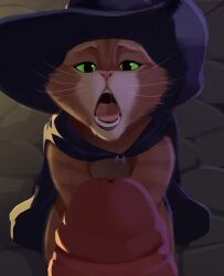 Rule 34 | 2boys, bad tag, black cape, black hat, cape, cat, cat boy, cavalier hat, colored sclera, commentary, death (puss in boots), english commentary, erection, fangs, furry, furry male, furry with furry, green eyes, green sclera, half-closed eyes, hat, hat feather, highres, imminent fellatio, interspecies, kneeling, looking at viewer, male focus, multicolored fur, multiple boys, murizy (nk54069), open mouth, orange cat, orange fur, outdoors, penis, puss in boots, puss in boots: the last wish, puss in boots (shrek), saliva, shrek (series), size difference, stone floor, tabby cat, teeth, whiskers, wolf boy, yaoi