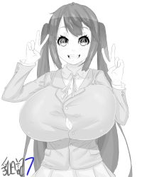 Rule 34 | 1girl, breasts, female focus, huge breasts, k-on!, long hair, magister, monochrome, nakano azusa, open mouth, school uniform, smile, twintails, v