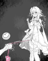 Rule 34 | 1girl, bare shoulders, blush, breasts, breath, cleavage, clenched hands, controller, dildo, disembodied hand, dress, fang, female focus, flower, genshin impact, grey background, greyscale, hair flower, hair intakes, hair ornament, hands up, happy, heart, highres, holding, holding sex toy, japanese text, knees together feet apart, lucifina 006, lumine (genshin impact), medium breasts, medium hair, monochrome, noelle (genshin impact), nose blush, open mouth, pussy juice, raised eyebrows, remote control, remote control vibrator, sex toy, short dress, sidelocks, simple background, skin fang, sleeveless, sleeveless dress, smile, solo focus, speech bubble, spoken heart, spot color, standing, steam, steaming body, sweat, thighhighs, thighs, translation request, trembling, vambraces, vibrator, vibrator cord, vibrator under clothes