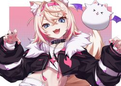 Rule 34 | 1girl, :3, :d, animal ear fluff, animal ears, black jacket, blonde hair, blue eyes, cropped jacket, cropped shirt, dog ears, dog girl, dog tail, dot keter, fang, fur-trimmed jacket, fur trim, hair ornament, hololive, hololive english, jacket, looking at viewer, medium hair, midriff, mococo abyssgard, mococo abyssgard (1st costume), multicolored hair, nail polish, navel, open mouth, perroccino (fuwamoco), pink hair, pink nails, shirt, short shorts, shorts, smile, streaked hair, tail, virtual youtuber, white shirt, white shorts, x hair ornament