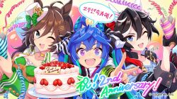 Rule 34 | 3girls, @ @, ahoge, animal ears, anniversary, balloon, black gloves, black hair, black jacket, black nails, blue eyes, blue hair, blue shirt, blush, bow, brown hair, buttoned cuffs, buttons, cake, choker, collarbone, commentary request, company name, confetti, copyright notice, ear covers, food, fruit, gloves, green bow, green hair, green wrist cuffs, hair between eyes, hair ornament, hair ribbon, hairclip, hands up, hat, heterochromia, holding, holding food, holding party popper, holding plate, horse ears, horse girl, jacket, katsuragi ace (umamusume), korean commentary, korean text, long hair, looking at viewer, mr. c.b. (umamusume), multicolored hair, multiple girls, official art, one eye closed, open mouth, party popper, plate, ponytail, purple eyes, ribbon, second-party source, sharp teeth, shirt, simple background, speech bubble, strawberry, striped clothes, striped ribbon, striped wrist cuffs, stuffed animal, stuffed toy, teeth, tilted headwear, top hat, translation request, twin turbo (umamusume), twintails, umamusume, v, white hair, white hat, white jacket, wide-eyed, wrist cuffs, yellow choker